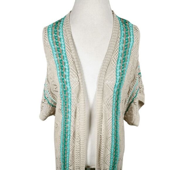 Chicos XL Open Knit Duster Cardigan Spring Summer Teal Mix Fringe Boho Size 3 - Picture 8 of 10
